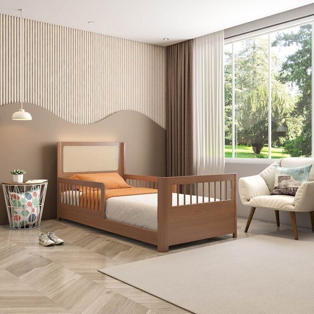 Cama Solteiro Juvenil Reversível Led com Rattan, Grade de Proteção e Peseira Palito Wave Casatema Freijó