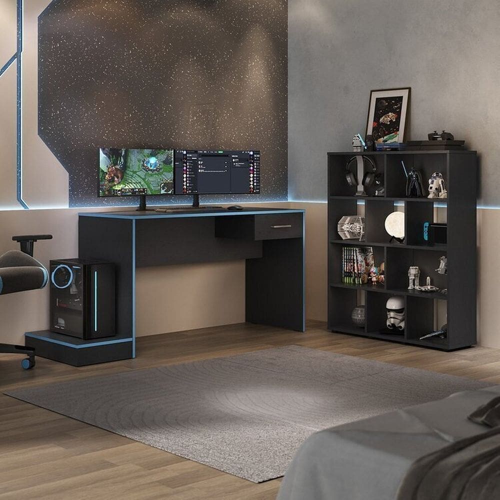 Conjunto escrivaninha Gamer e estante Book com diversos nichos Preto