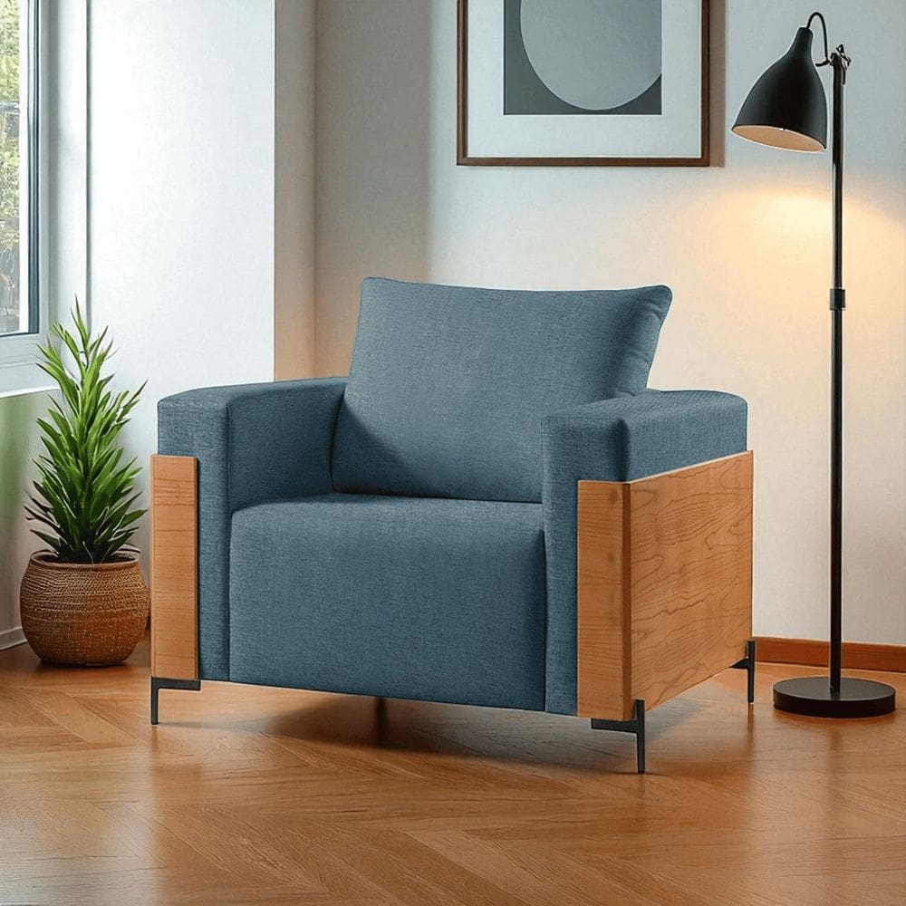 Poltrona Luxo Metal Madeira Maciça Heitor Azul