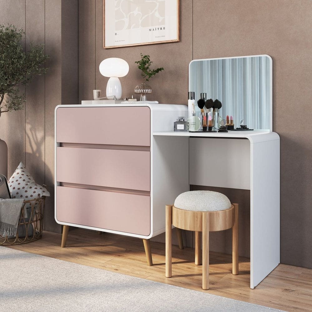 Cômoda Penteadeira com 3 Gavetas Curve Branco / Rosa Milkshake
