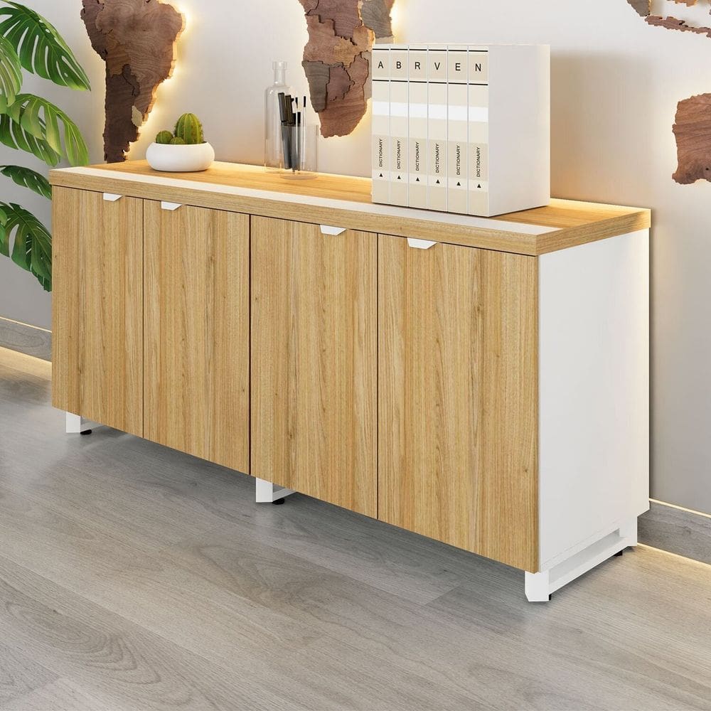 Armário Baixo para Escritório 158cm Duplo com 4 Portas Puxadores Metálicos Corporate Macadâmia / Branco