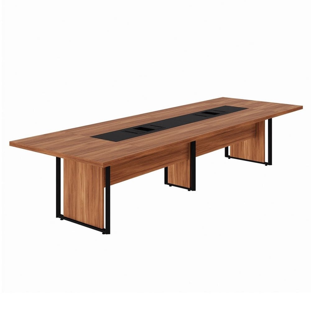 Mesa de Reunião 360cm Corporativa 6 Pessoas com Caixa de Tomadas Corporate Nogal / Preto