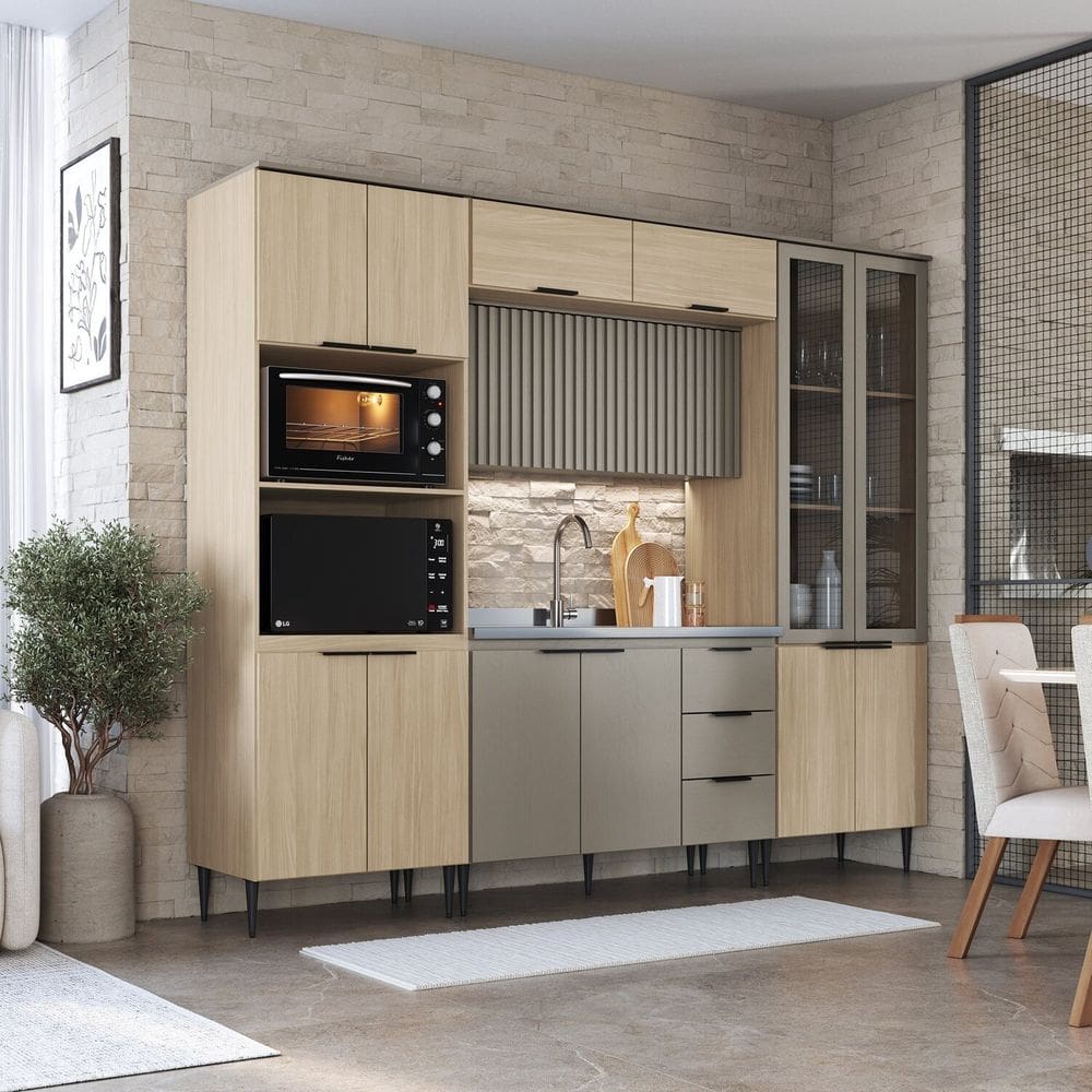 Cozinha Completa 5 Peças com Aéreo Ripado e Cristaleira Lavínia Imperial/Fumê