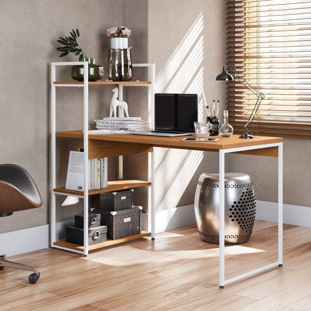 Mesa para Escritório Escrivaninha com Estante 3 Prateleiras Industrial Canela/Branco