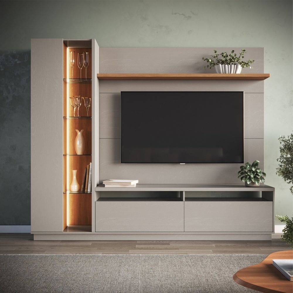 Estante Home com Painel para TV 65 Polegadas e Bar Iluminado 3250 Cristaleira 220cm x 183cm Fumê/Freijó