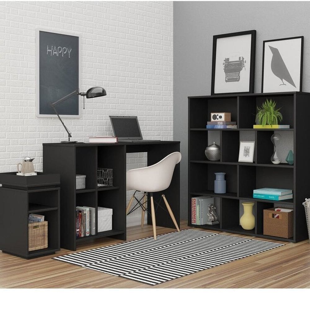 Conjunto Escrivaninha Matrix Mesa Apoio Olivia e Estante Book com Diversos Nichos Preto