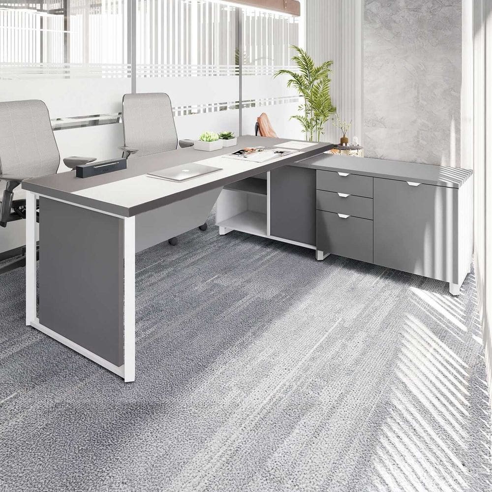 Mesa de Escritório Diretor em L 2,00 com Caixa de Tomadas e Armário Lateral Corporate Cinza Sagrado/Branco