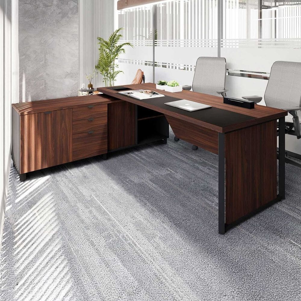 Mesa de Escritório Executiva 200cm com Armário Lateral e Caixa de Tomadas Corporate Louro Preto/Preto