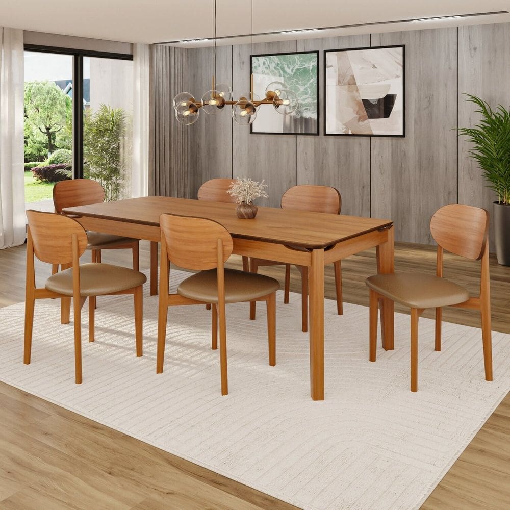 Conjunto Sala de Jantar Mesa 180x90cm 6 Cadeiras em Madeira Maciça com Assento Estofado Jade Cinamomo / Caramelo
