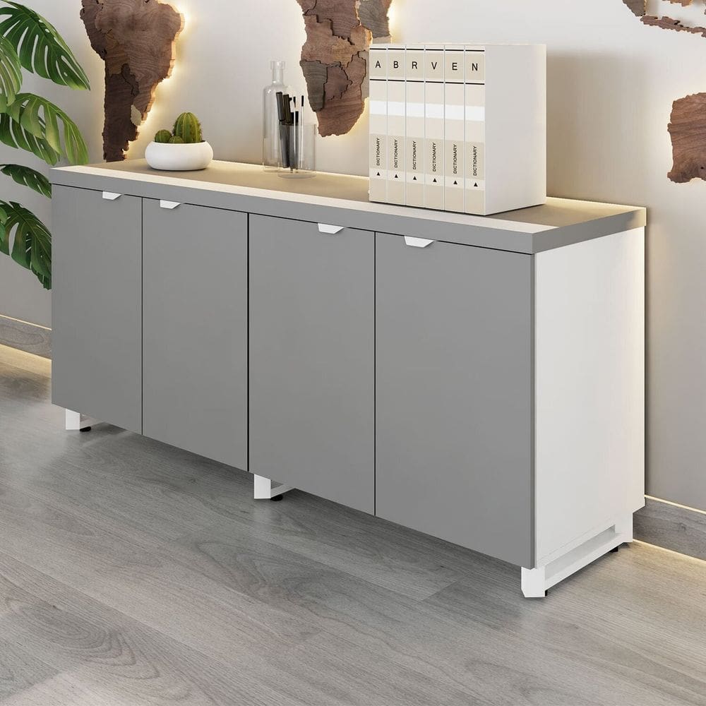 Armário Baixo para Escritório 158cm Duplo com 4 Portas Puxadores Metálicos Corporate Cinza Sagrado / Branco
