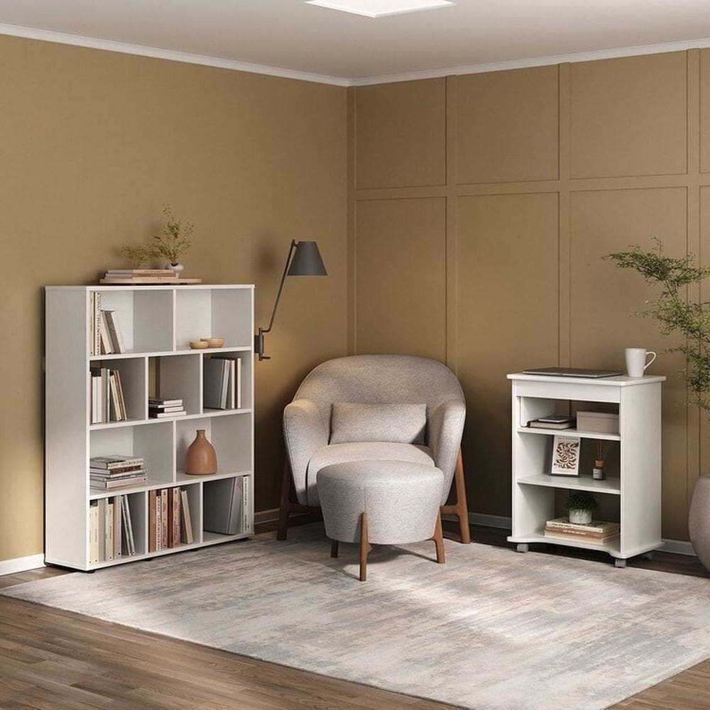 Conjunto escrivaninha Tampo e estante Book com diversos nichos Branco