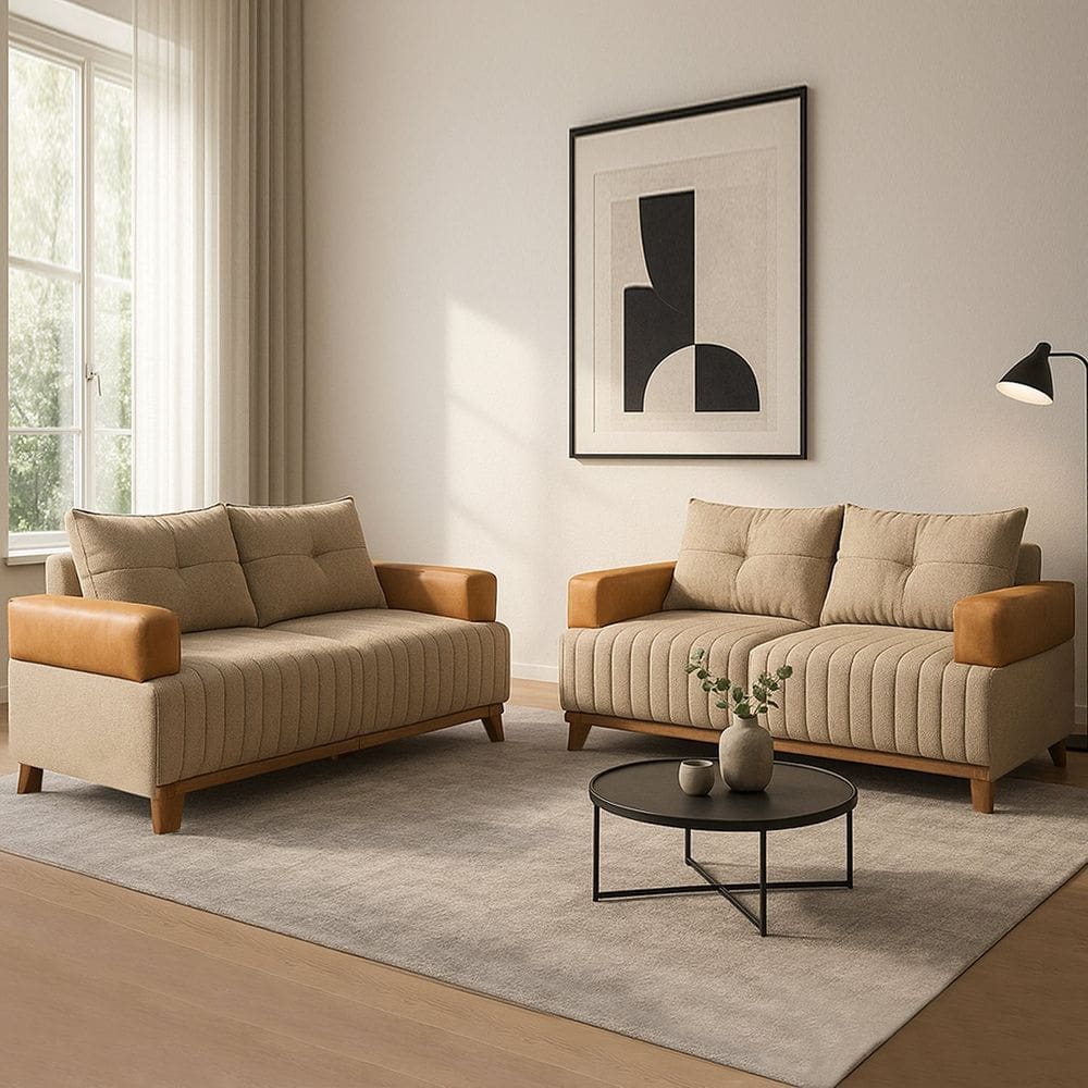 Conjunto Sofá 3 e 2 Lugares Linho Aveludado Bege/Caramelo