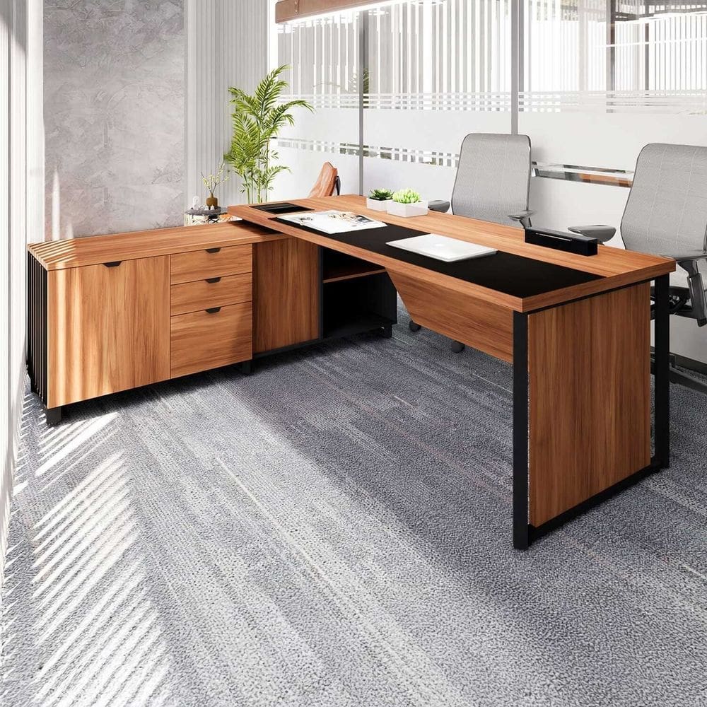 Mesa de Escritório Executiva 200cm com Armário Lateral e Caixa de Tomadas Corporate Nogal/ Preto