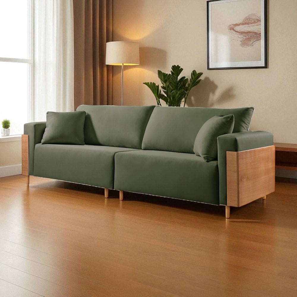 Sofá Fixo Heitor 3 Lugares Luxo Pé de Madeira 1,80m Castellar Móbile Veludo Verde