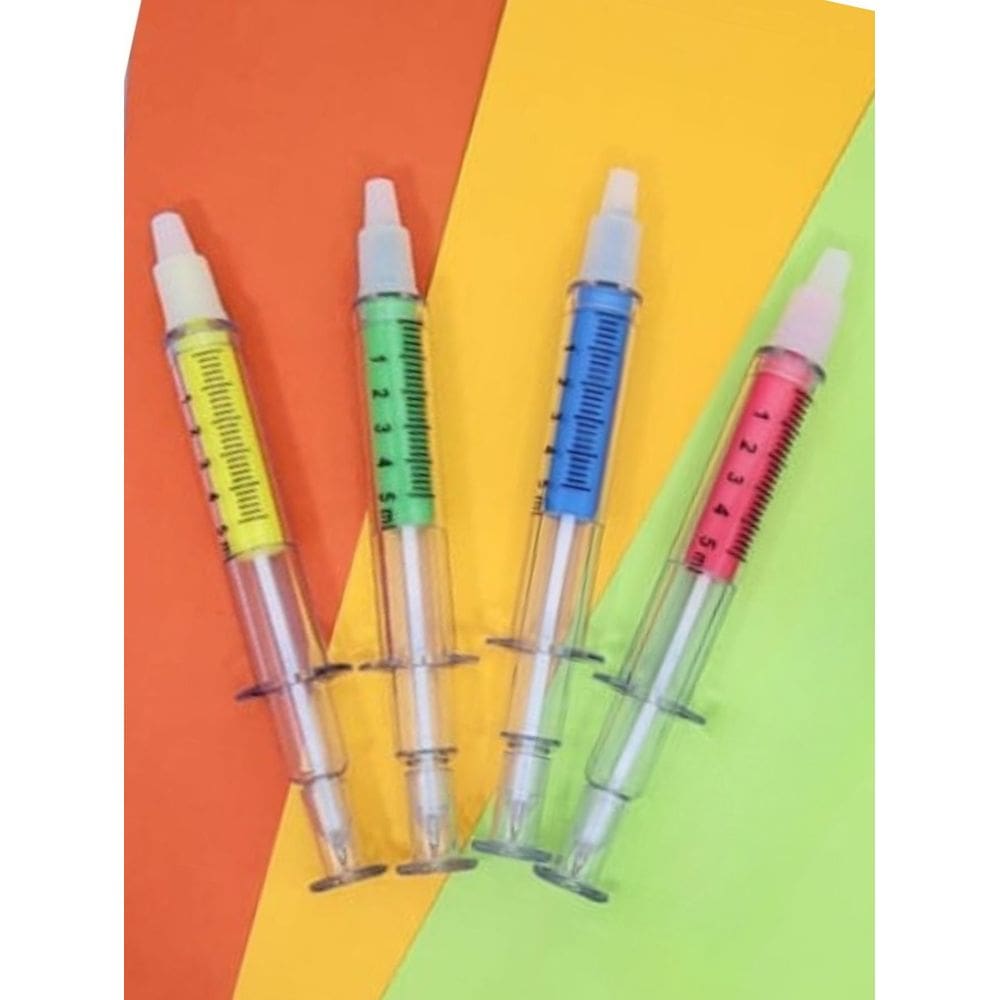 Kit 04 canetas 2 em 1 seringa esferográfica e marca texto colorido caneta presente lembrancinha natal