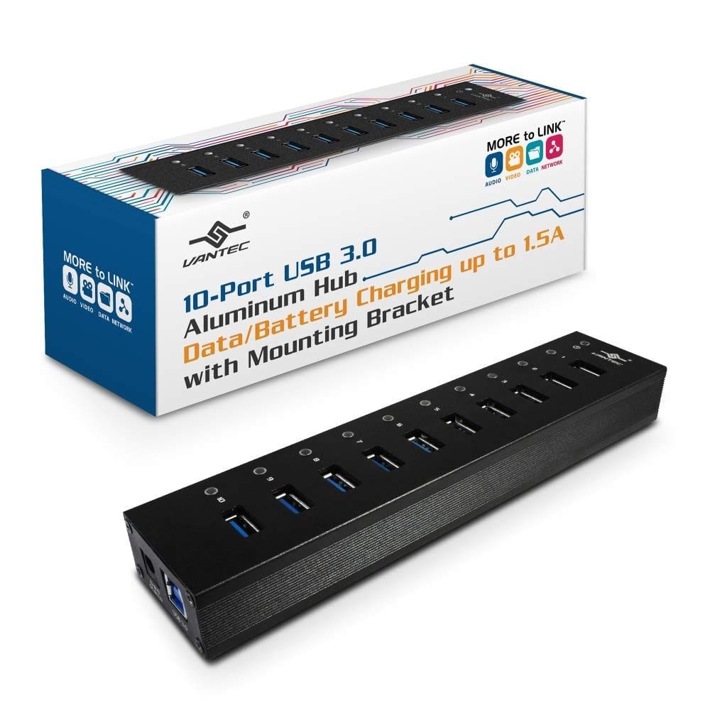 Hub USB Vantec de 10 portas USB 3.0 de alumínio totalmente alimentado 12V