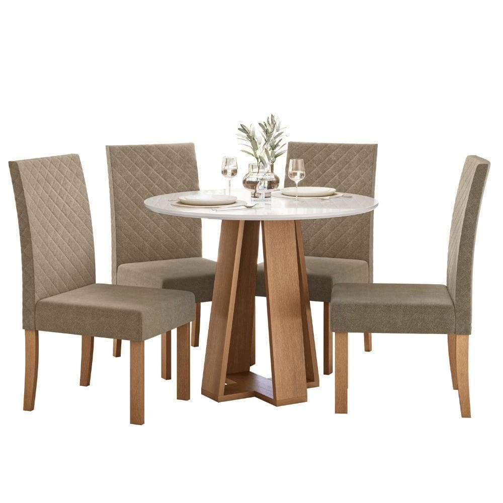 Sala de Jantar Mesa Redonda Estilo 900 e 4 Cadeiras Elegance Semplice – Tampo de Vidro, MDF/MDP, Veludo – Sonetto