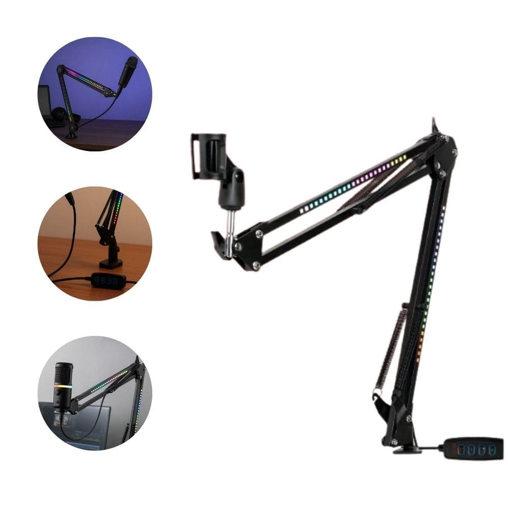 Suporte para Microfone com Braço Articulado e Iluminação RGB Ajustável Ideal para Streaming Games e Estúdio Com Controle