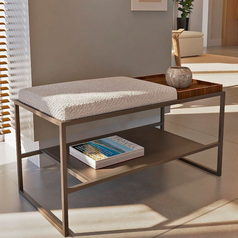 Banco Sapateira Estofado 2 Lugares Vale Spring Nuvem/Nogueira/Bronze