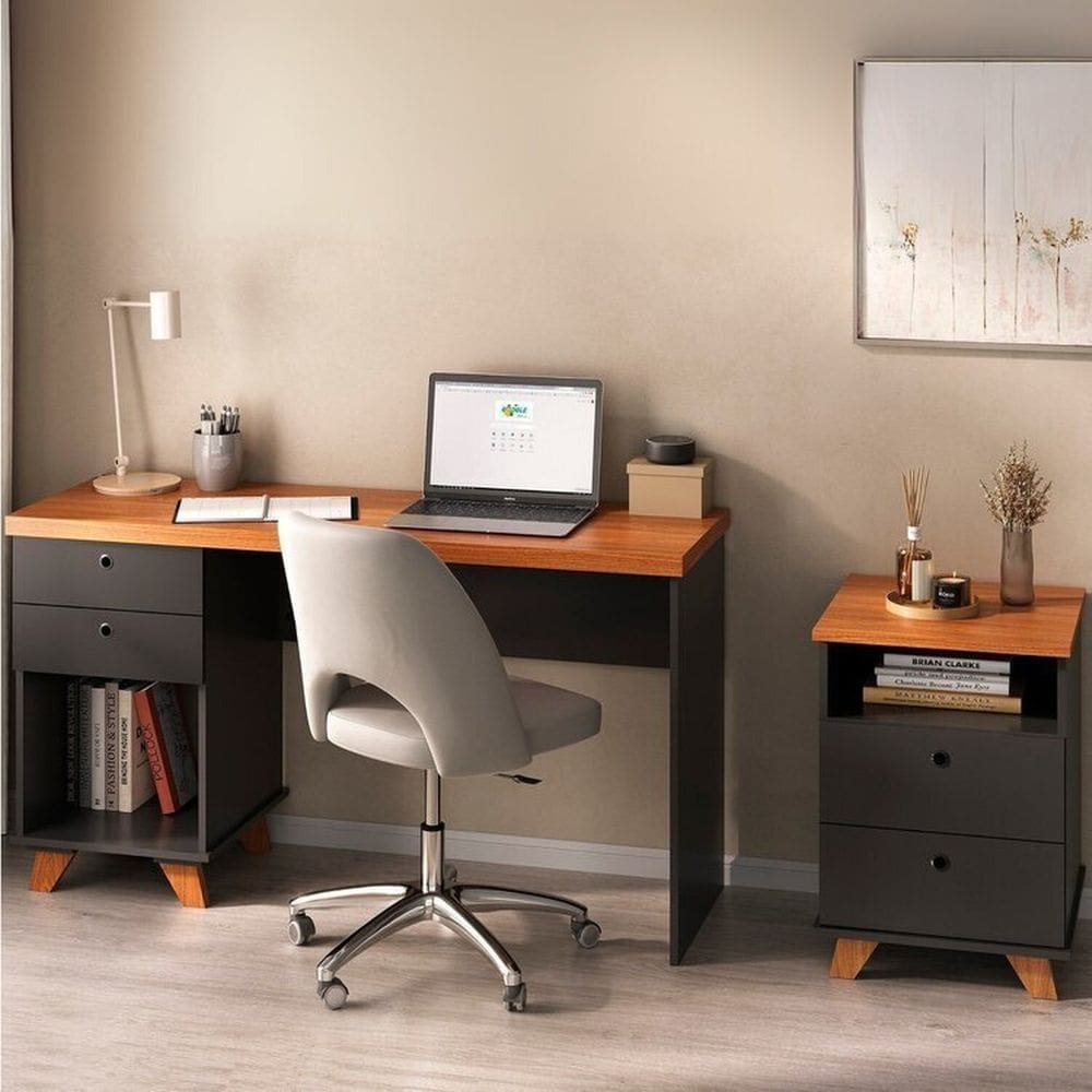 Kit Home Office 2 Peças Escrivaninha Sky e Gaveteiro Day com Gavetas Freijó/Preto