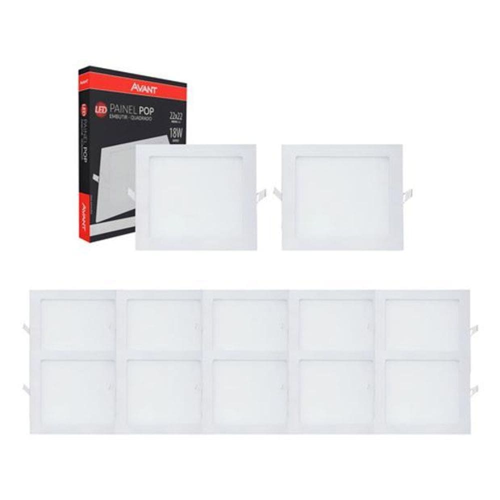 Kit 10 Plafon De Embutir 22X22 18W 6500K Luz Branca Quadrado