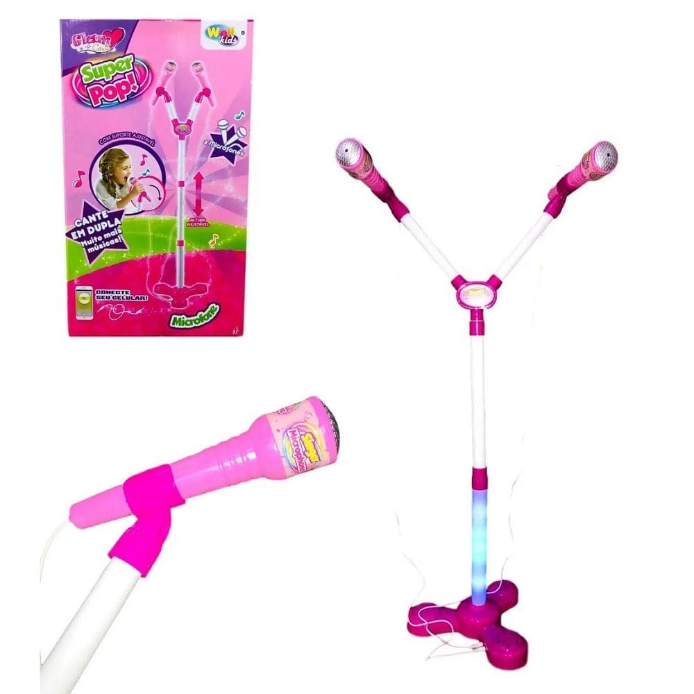 Microfone Duplo Infantil com Pedestal Glam Girls Conecta com Celular Well Kids