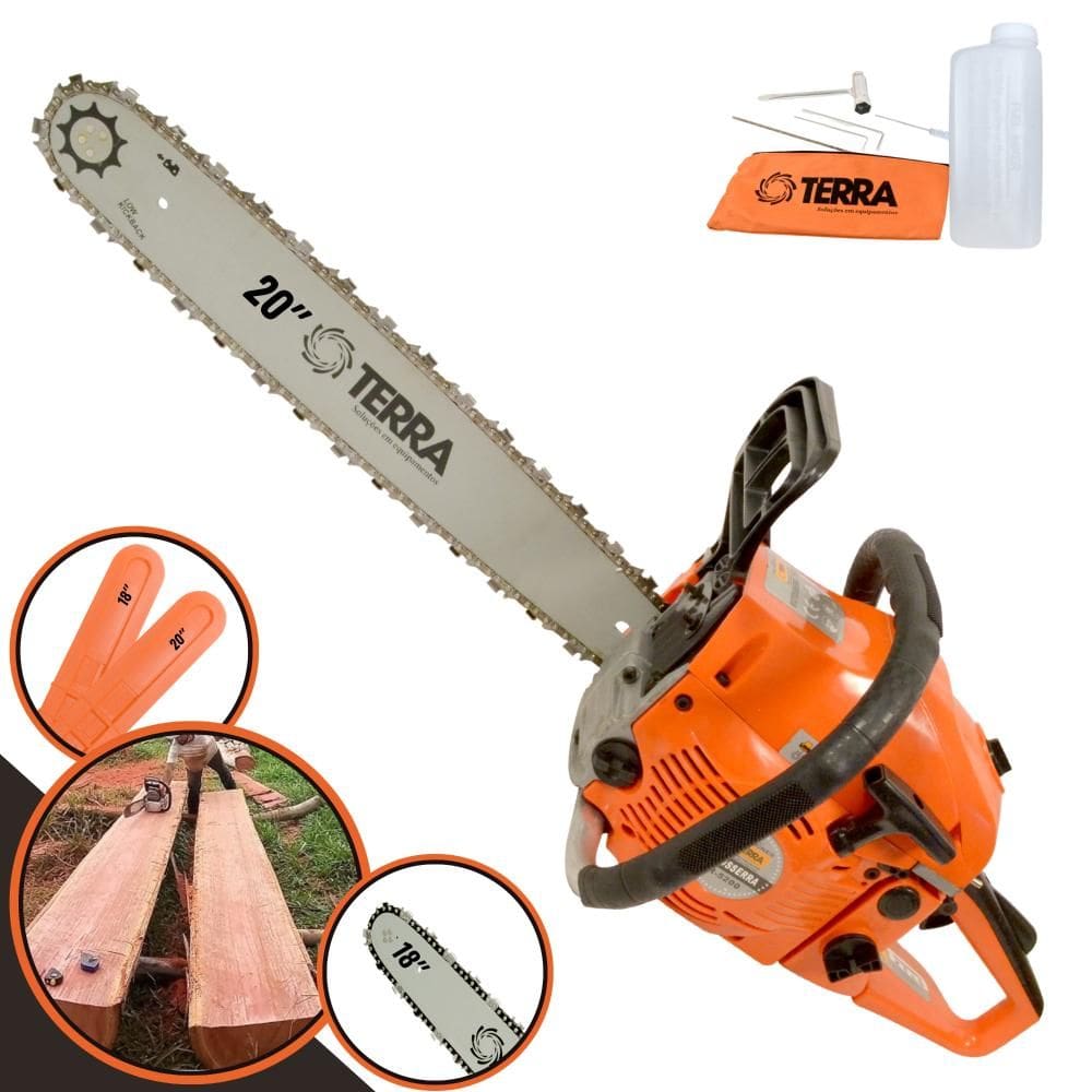 Motosserra Motor Serra Terra MT-520 À Gasolina Motor 2T 52cc 2,5HP de Potência Alta Rotação e Performance Com 2 Sabres e 2 Correntes