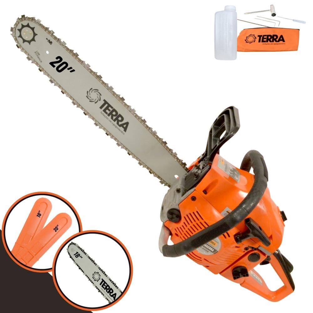 Motosserra Robusta Terra MT-520 À Gasolina 2T 52cc 2,5HP Alta Rotação Sabres 18’` e 20’` Ideal Para Poda de Galhos e Cortes de Árvores