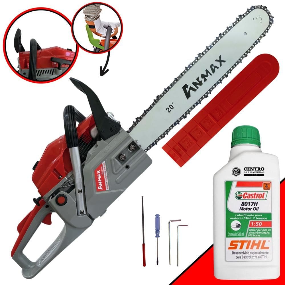 Motor Serra À Gasolina Anmax CS5800A 58cc 3HP de Potência 11.000rpm Motor 2T Motosserra Profissional Sabre 20’` Para Desdobra de Madeira + ÓLEO STIHL