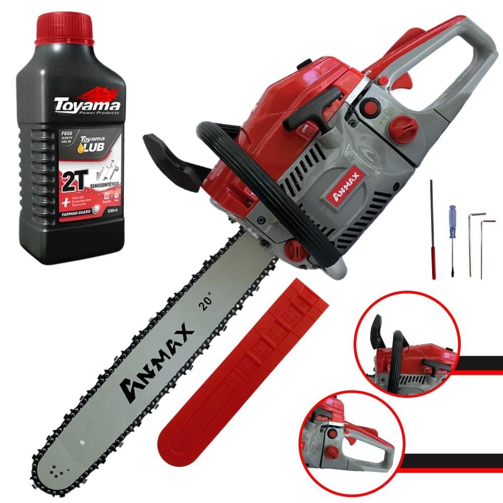 Motosserra Motor Serra Anmax CS5800A À Gasolina 2T 58cc 3HP 11.000rpm Alta Potência, Rotação e Performance Com Sabre 20’` Ponta Rolante + ÓLEO TOYAMA