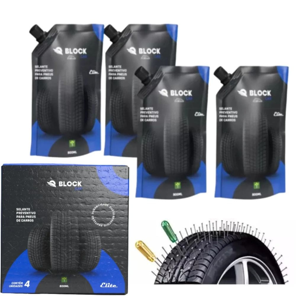 Kit Elite 4 Selantes Cola Vedante Preventivo Contra Furos Pneus 800Ml Block Car Elite Azul Vam Pick Up Utilitarios