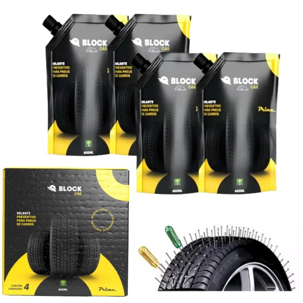 Kit Prime 4 Selante Preventivo Contra Furos Pneus 600Ml Block Car Amarelo Pneus Aros 13 14 E 15