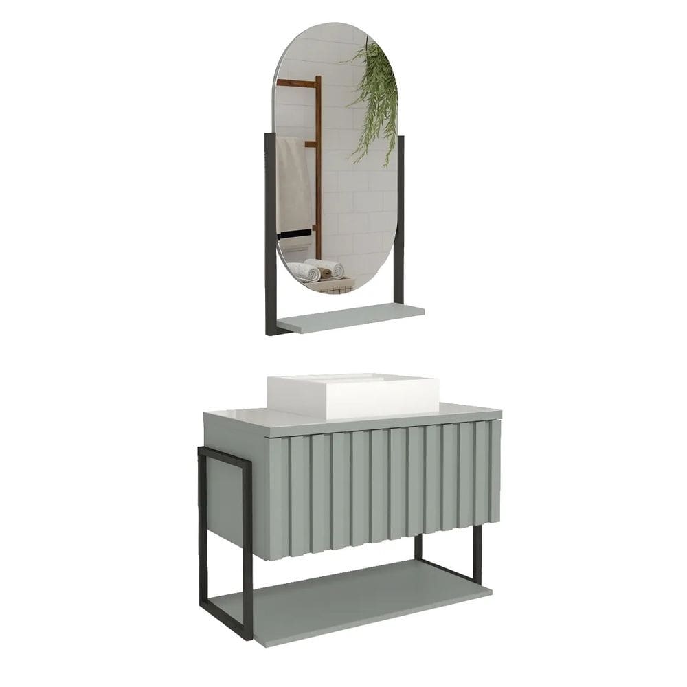 Armário Banheiro 80cm Mdf Aço Cuba Espelheira Porta Pistache