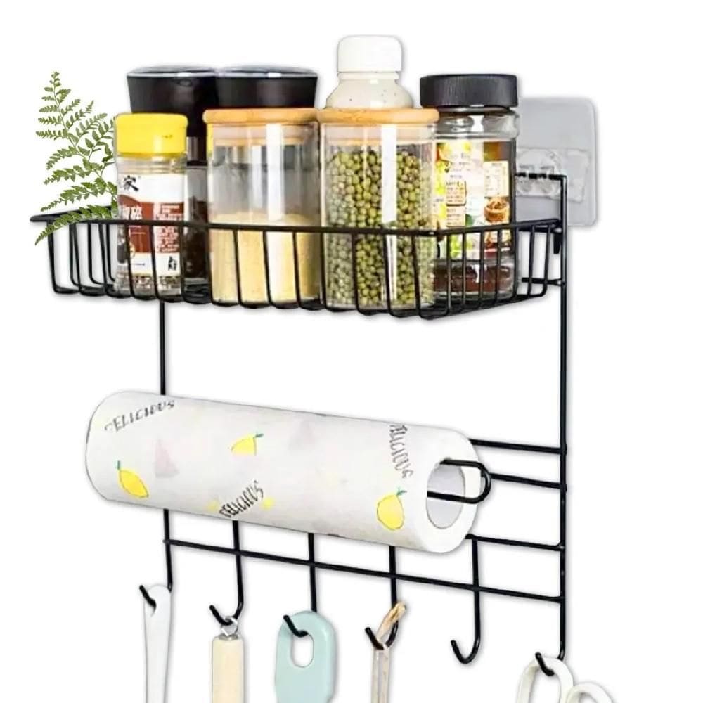 Suporte Organizador Parede Cozinha Metal Prateleira Porta Papel Toalha Duplo Ganchos Multiuso Armazenamento Temperos Ace