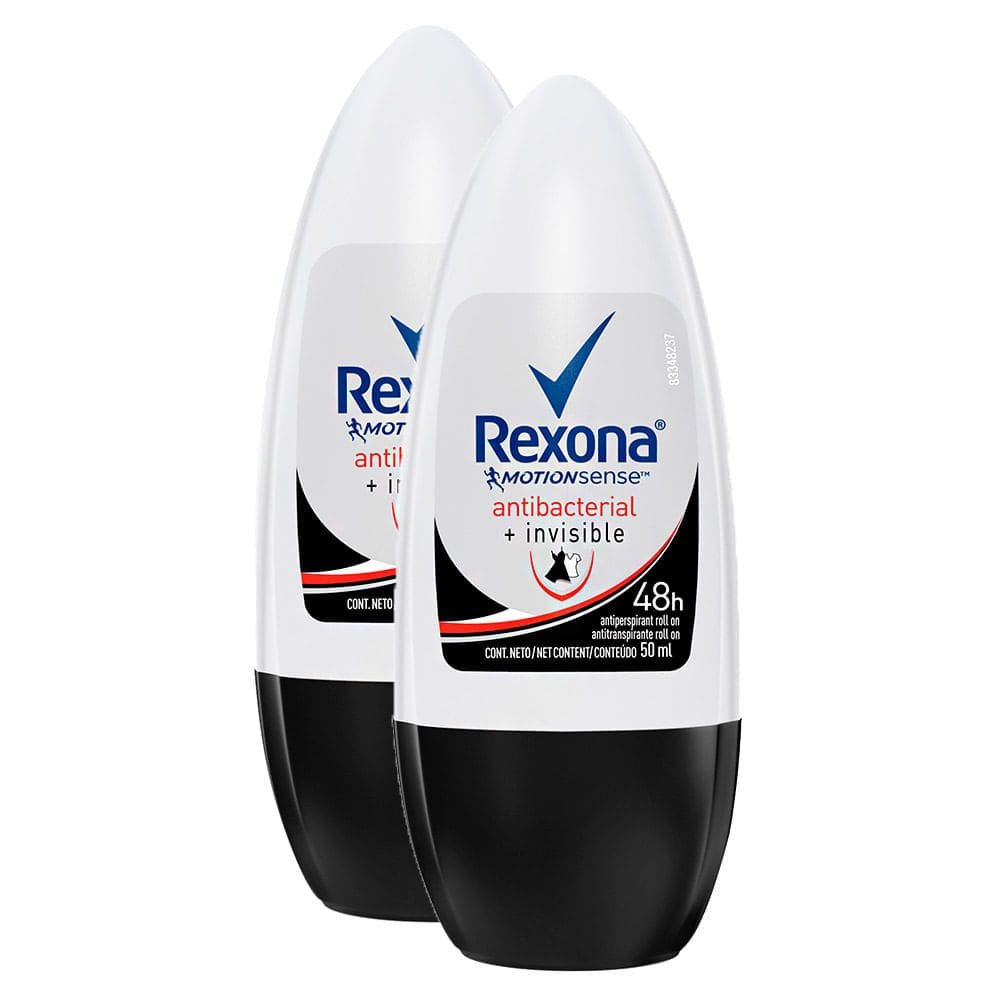 Desodorante Antitranspirante Rexona Antibacterial + Invisible Roll-on com 50ml | Kit com duas unidades