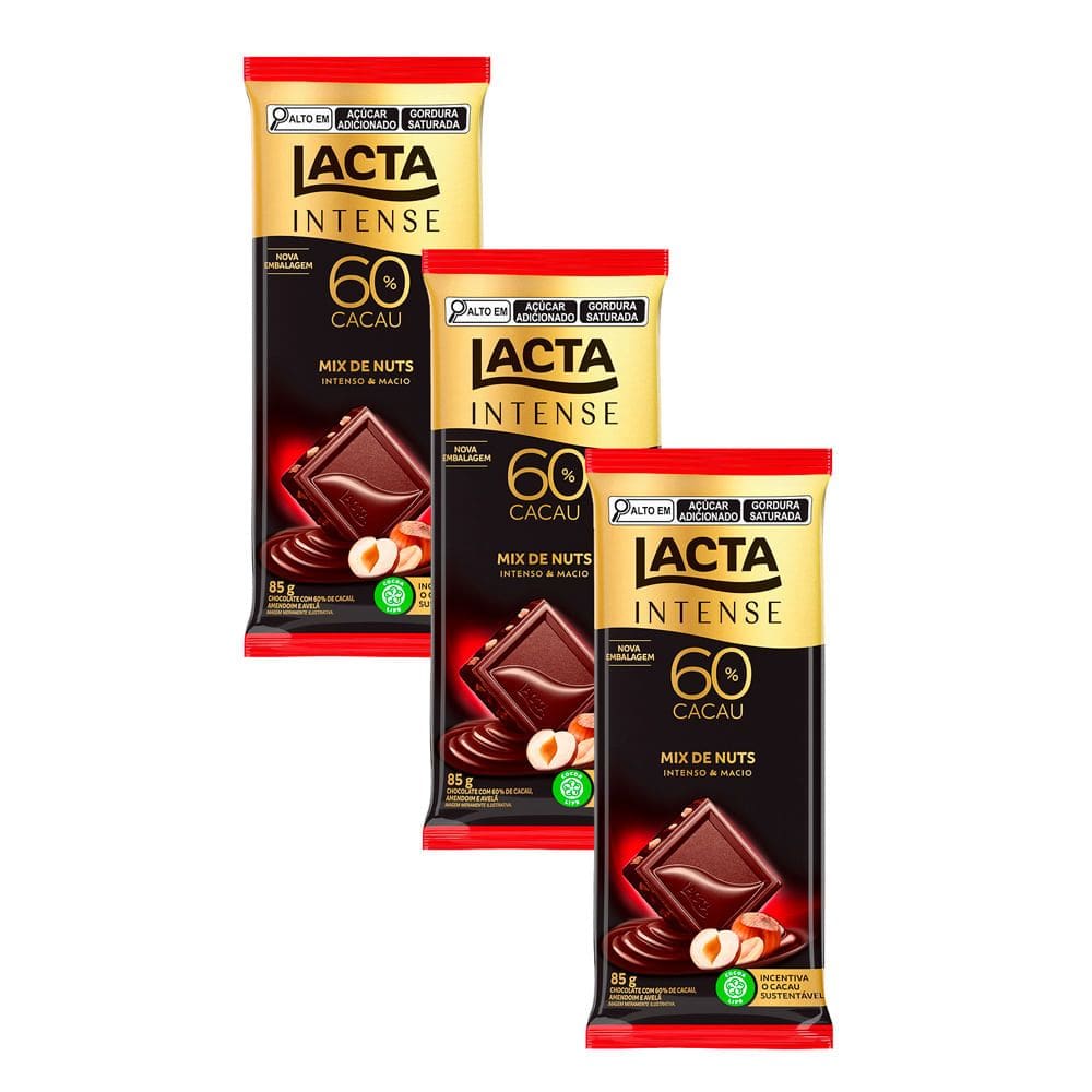 Kit 3 Chocolate Lacta Intense 60% Cacau Mix de Nuts 85g