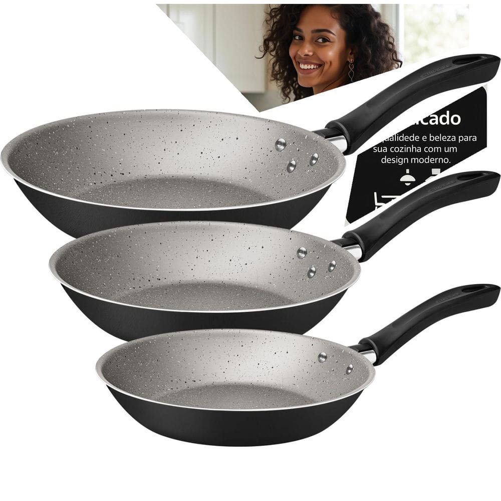 Jogo Kit Frigideira Linz Tramontina 3 Peças Alumínio Antiaderente Starflon Max Preto 16cm 20cm 24cm