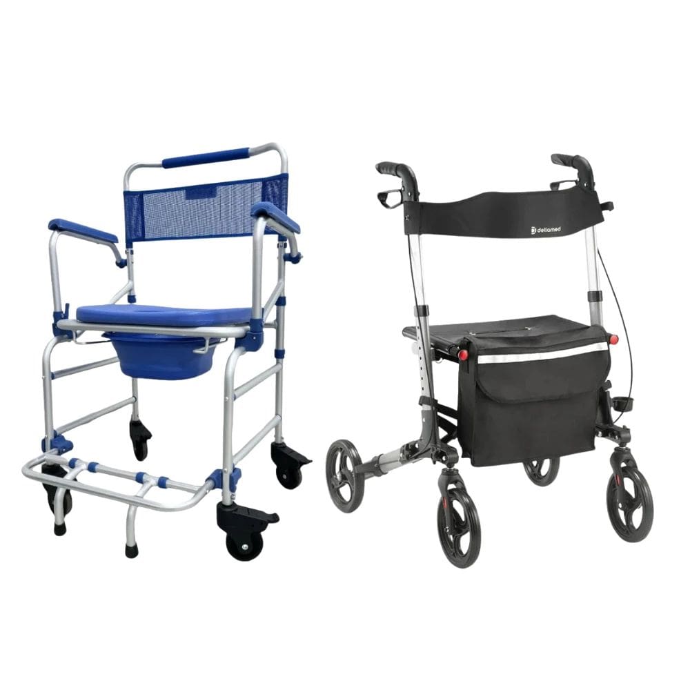 Kit Mobilidade Cadeira de Banho D55 Ultra leve 4 em 1 + Andador Compacto D14 até 135kg Dellamed