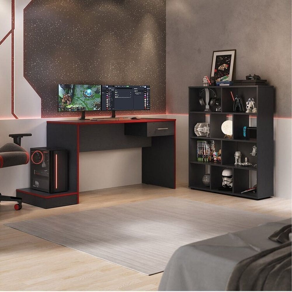 Conjunto Escrivaninha Gamer e Estante Book com Diversos Nichos Preto