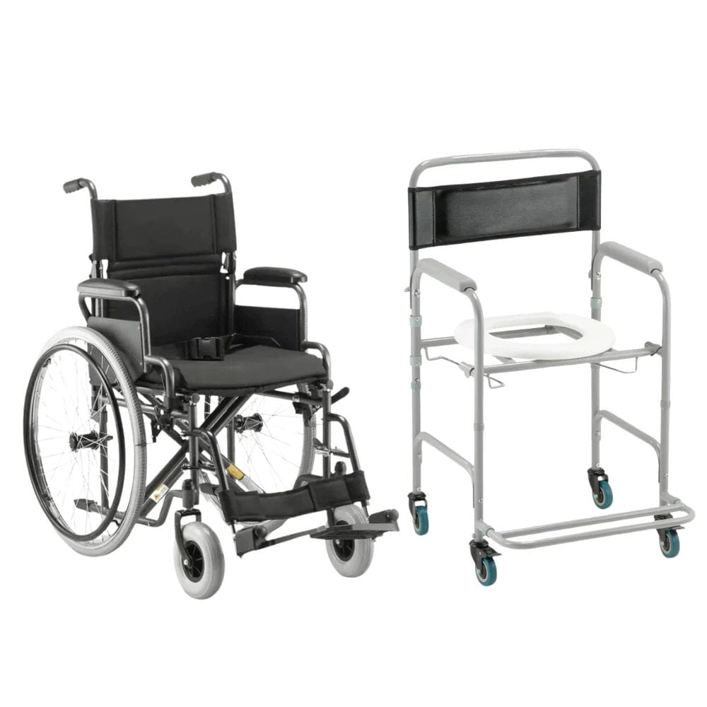 Kit Cadeira de Rodas Dellamed D400 Assento 44cm e Cadeira de Banho Higiênica D30 Dobrável Estrutura em Aço