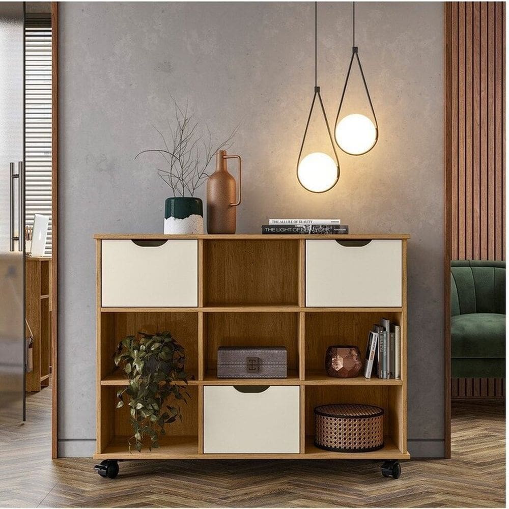 Kit 3 Gavetas Organizadoras e Estante Baixa Nicho com Rodízios Freijó / Branco Acetinado