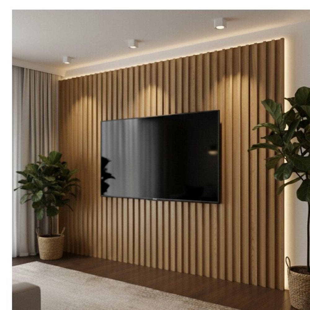 Painel para TV 80 Polegadas Ripado em Placa 100% MDF 223x250cm Freijó/Madeirado