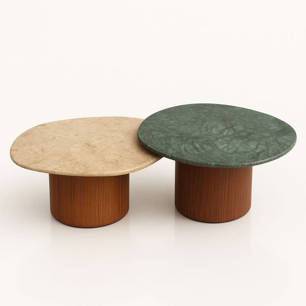 Conjunto de duas Mesas de Centro Orgânica 80 cm Mármore Guatemala & Travertino