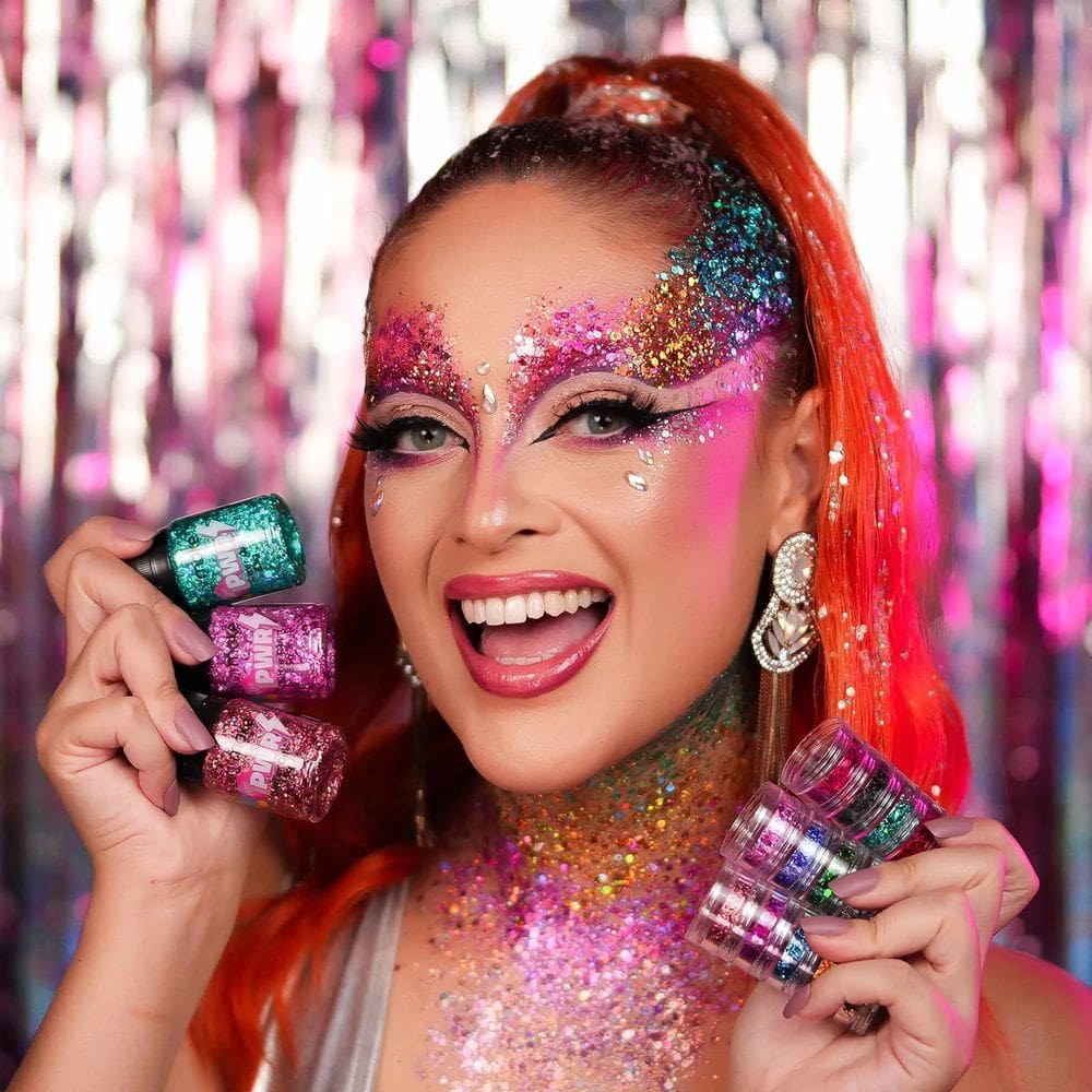Torre de Glitter Glow Power Formatos Flocado Maquiagem Rosto Corpo Cabelo Purpurina Brilho Grosso Holográfico Artístico