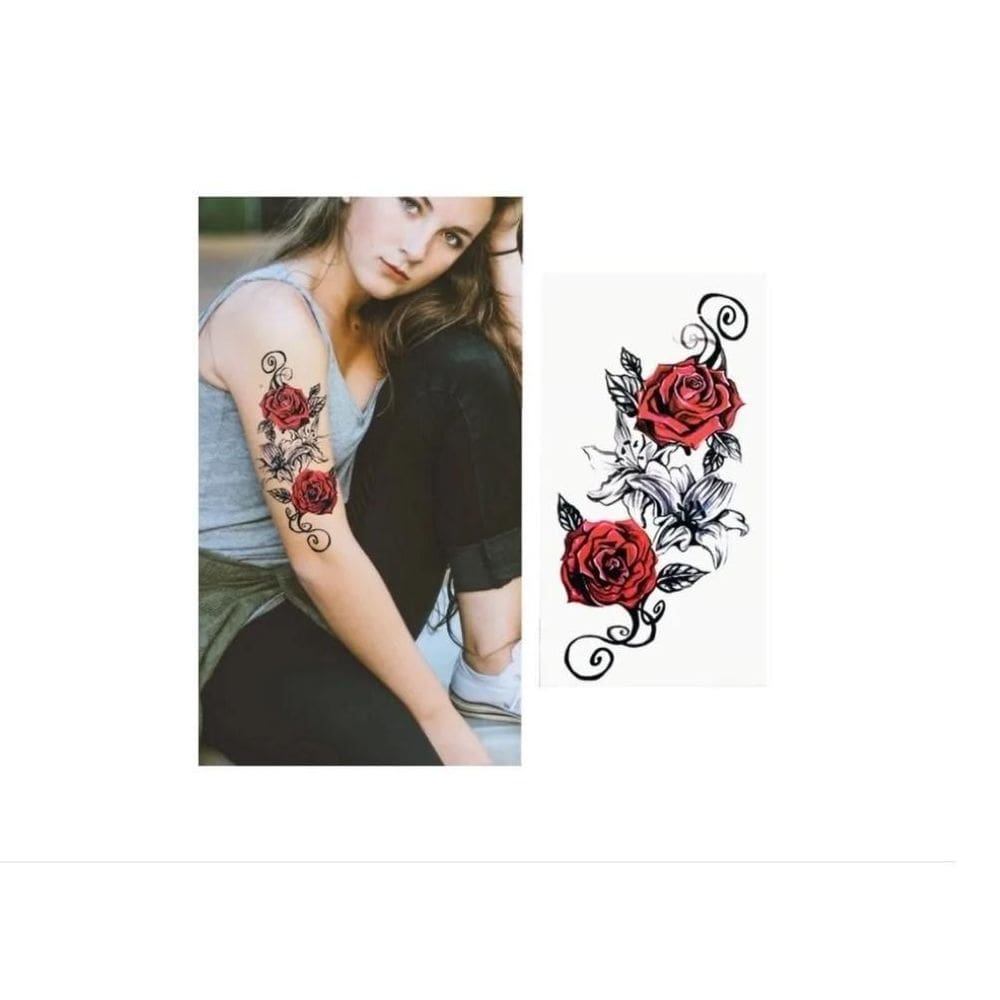 Tatuagem Temporária Dark Delicada Com 20 Cm Flores Vermelha