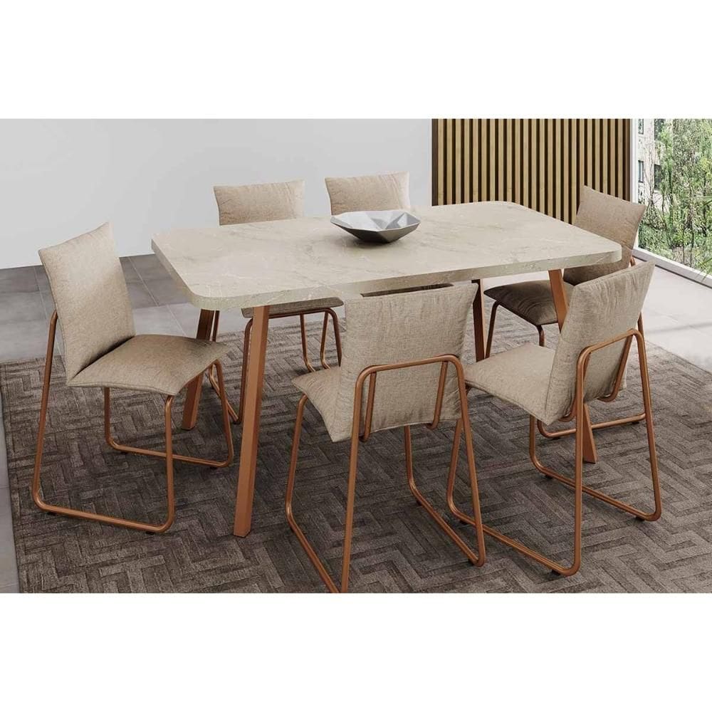 Sala de Jantar Completa Stellar 1597 Aço c/ Tampo Madeirado 160x90cm e 6 Cadeiras Soft Rose/Petra - Rose/Areia - Carraro