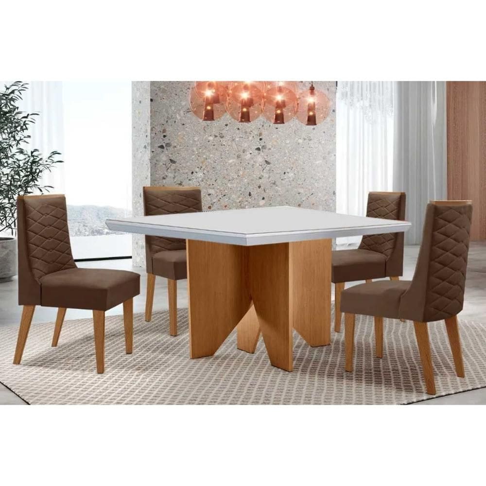 Conjunto Sala de Jantar Nevada c/ Tampo Madeirado c/ Vidro Canto Curvo 90x90cm e 4 Cadeiras Dafne Madeira Maciça Naturale/Off White - Capuccino/Suede