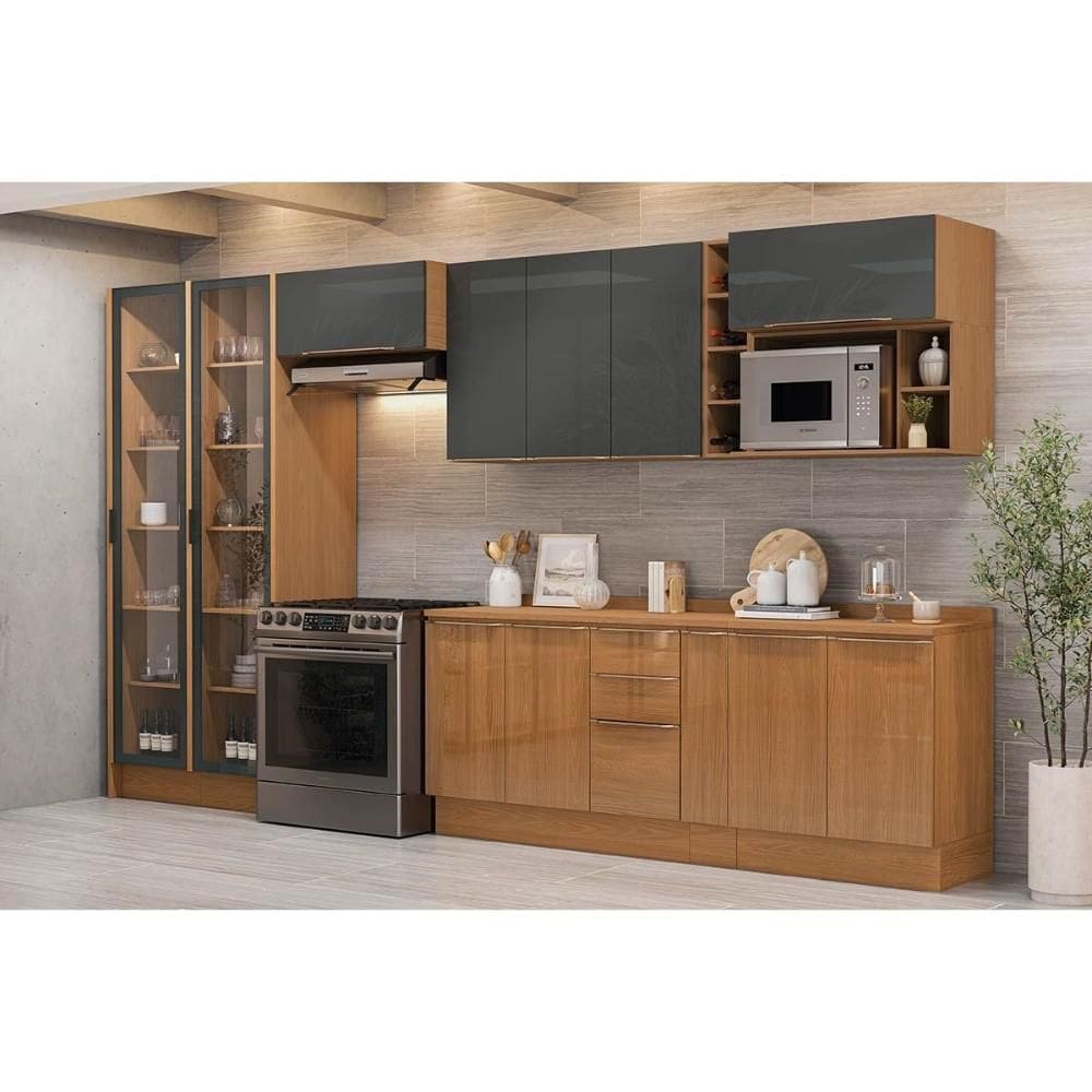 Cozinha Completa Vibra 13 Peças (3Aéreos+3Balcões+2Paneleiros+5Complementos) C13P3 Canela/Grafite Lacca - Kappesberg