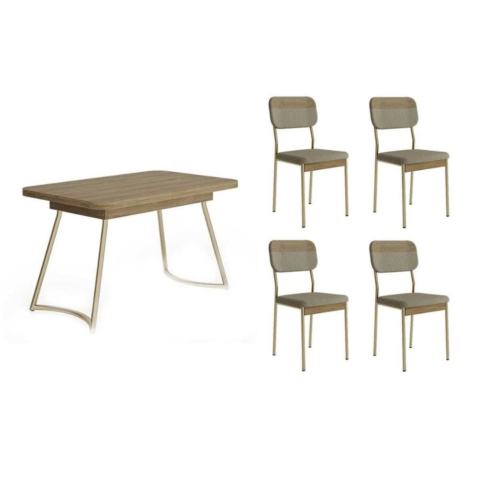 Sala de Jantar Completa Évora 1604 Aço c/ Tampo Madeirado 130x80cm e 4 Cadeiras Valle Dourado/Noce/Carvalho - Linho/CoranoBamboo - Carraro