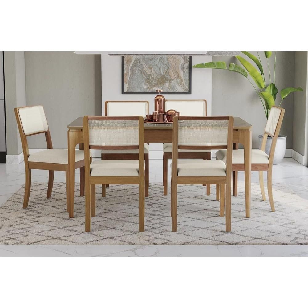 Conjunto Sala de Jantar Mira Premium Madeira Maciça c/ Tampo Madeirado c/ Vidro 160x90cm e 6 Cadeiras Lola Carvalho/Freijo Bronze - Linho Bege Argila-